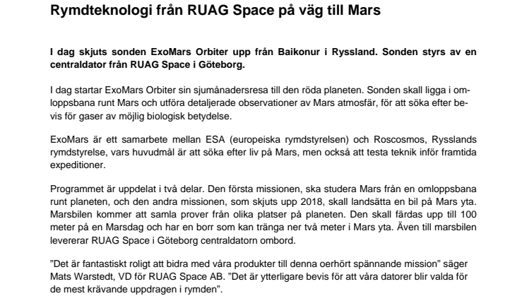 Rymdteknologi från RUAG Space på väg till Mars