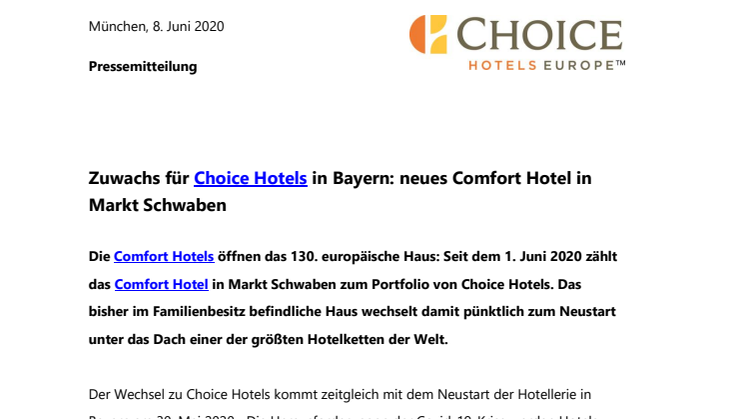 Zuwachs für Choice Hotels in Bayern: neues Comfort Hotel in Markt Schwaben 