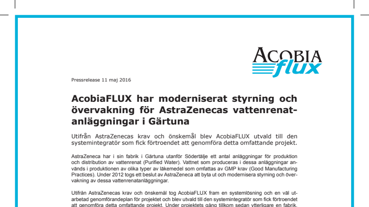 AcobiaFLUX har moderniserat styrning och övervakning för AstraZenecas vattenrenatanläggningar i Gärtuna