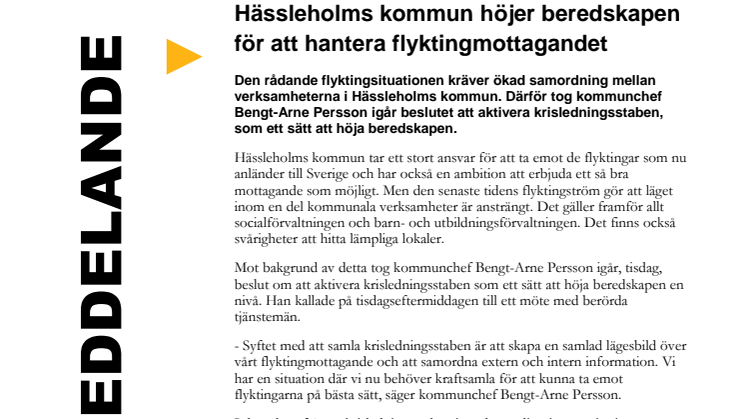 Hässleholms kommun höjer beredskapen för att hantera flyktingmottagandet