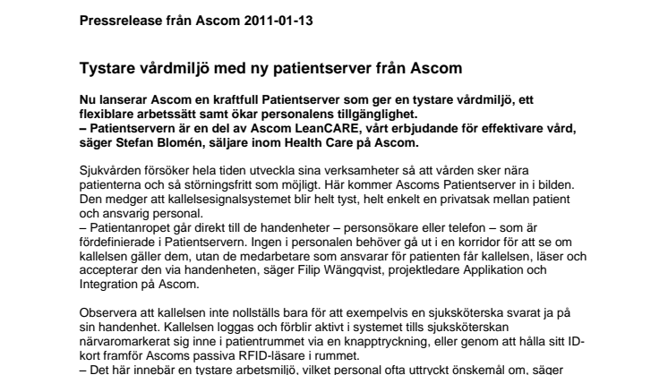 Tystare vårdmiljö med ny patientserver från Ascom