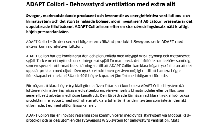 ADAPT Colibri - Behovsstyrd ventilation med extra allt