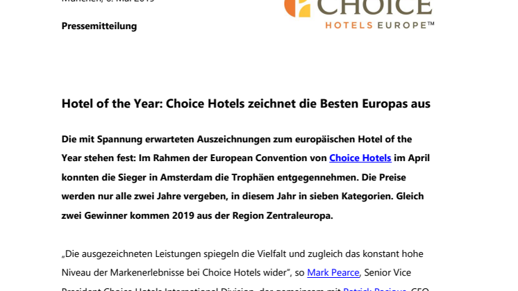 Hotel of the Year: Choice Hotels zeichnet die Besten Europas aus