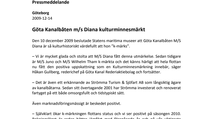 Göta Kanalbåten m/s Diana kulturminnesmärkt