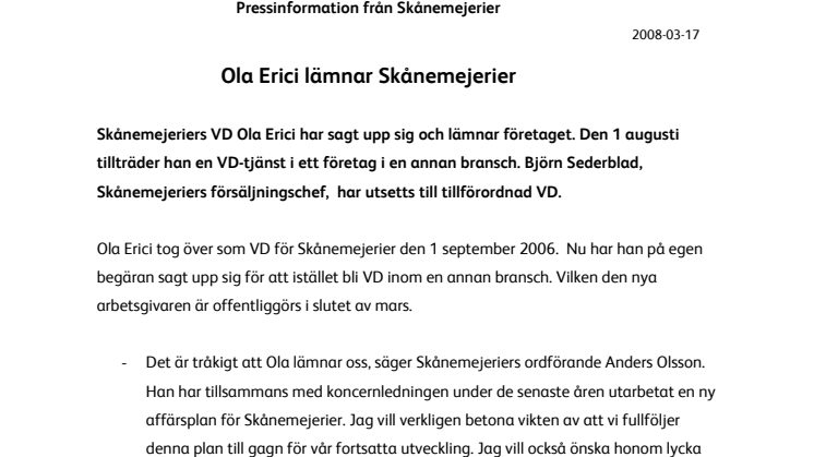 Ola Erici lämnar Skånemejerier