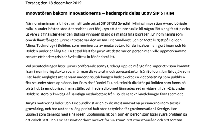 Innovatören bakom innovationerna – hederspris delas ut av SIP STRIM