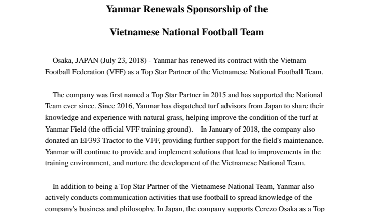 Yanmar Renewals Sponsorship of the Vietnamese National Football Team