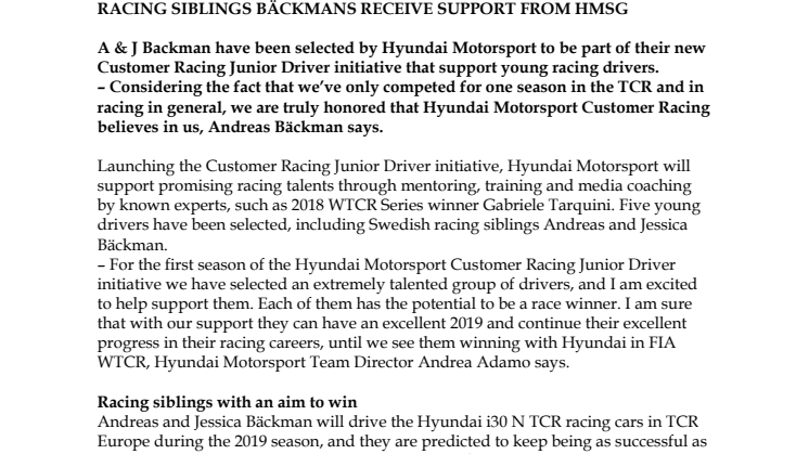 Racing siblings Backmans receive support from HMSG