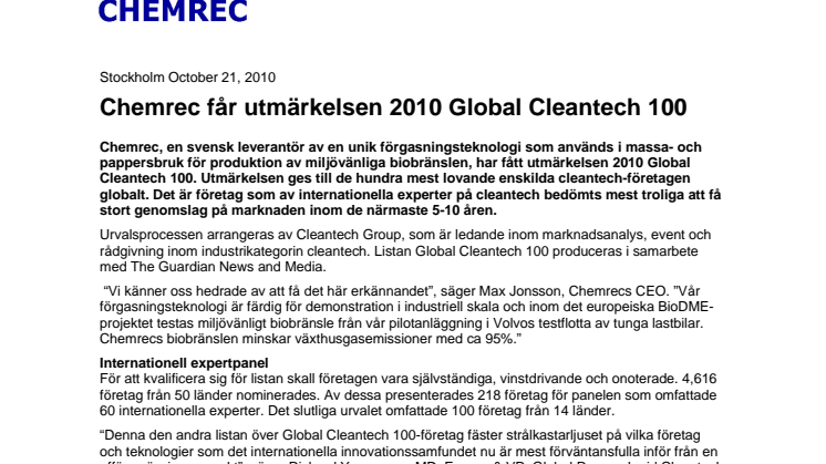 Chemrec får utmärkelsen 2010 Global Cleantech 100