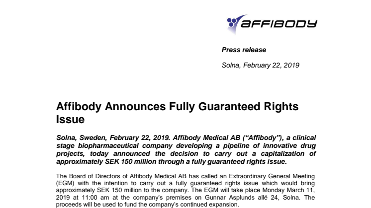 Affibody Announces Fully Guaranteed Rights Issue