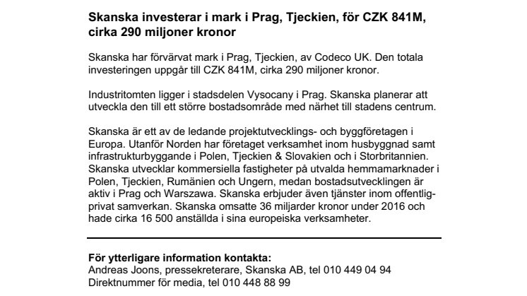 Skanska investerar i mark i Prag, Tjeckien, för CZK 841M, cirka 290 miljoner kronor