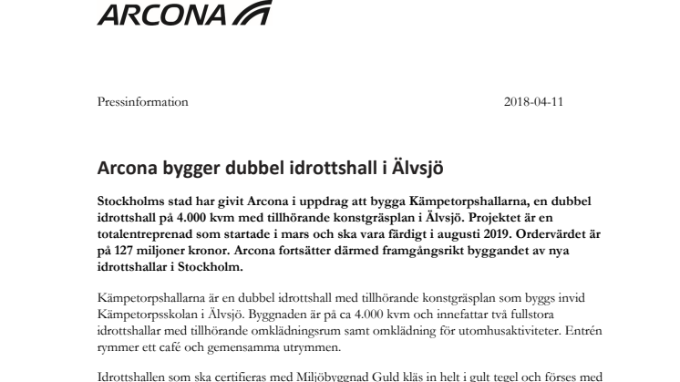 Arcona bygger dubbel idrottshall i Älvsjö