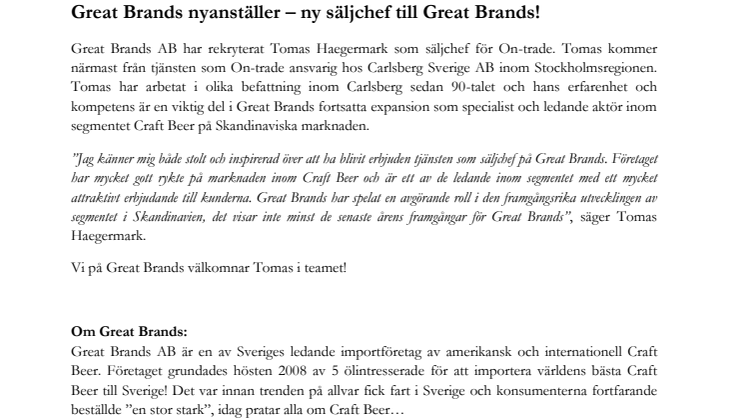 Great Brands nyanställer – ny säljchef till Great Brands!