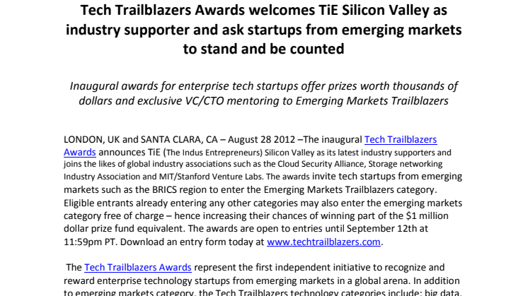 Tech Trailblazers Awards welcomes TiE Silicon Valley as industry supporter and ask startups from emerging markets to stand and be counted