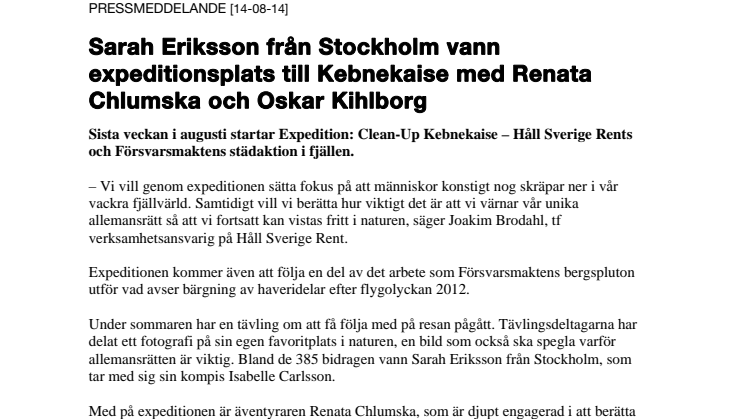 Sarah Eriksson från Stockholm vann expeditionsplats till Kebnekaise med Renata Chlumska och Oskar Kihlborg