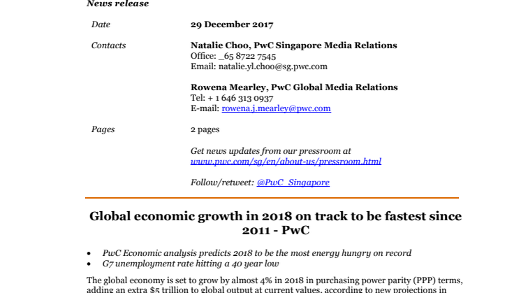 Global economic growth in 2018 on track to be fastest since 2011 - PwC