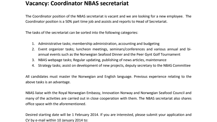 Vacancy: NBAS Coodinator position - extended application deadline till 10 January 2014