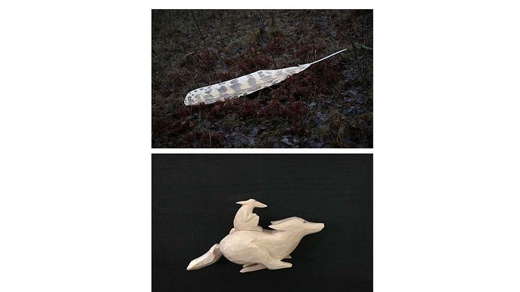 Två av verken som kommer att ställas ut på naturum Dalarna i sommar. Fjäder av Kalle Lindeborg, träskulptur av AnneLie Karlsson. 