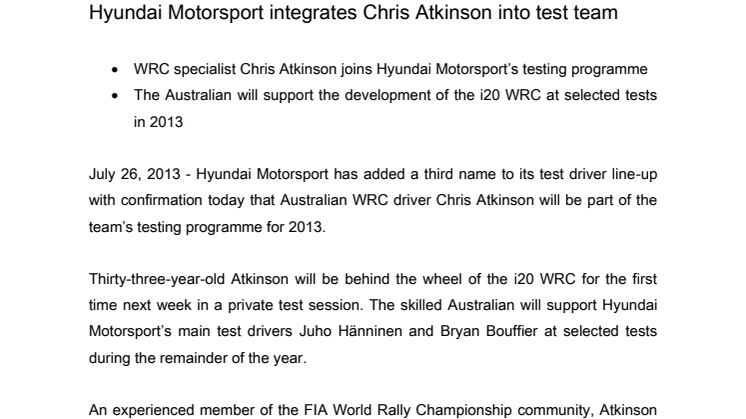 Chris Atkinson er tredje testfører for Hyundai Motorsport
