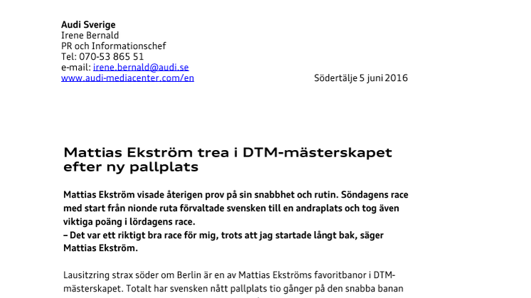Mattias Ekström trea i DTM-mästerskapet efter ny pallplats