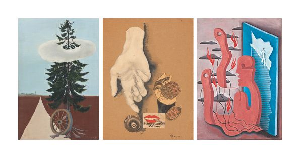 Bildcollage: Elsa Thoresen "Klassiskt landskap" 1937, Fransica Clausen "Skruven" 1926, Rita Kernn-Larsen "Spegelvänd" 1937. Foto: Kunstmuseet i Tønder