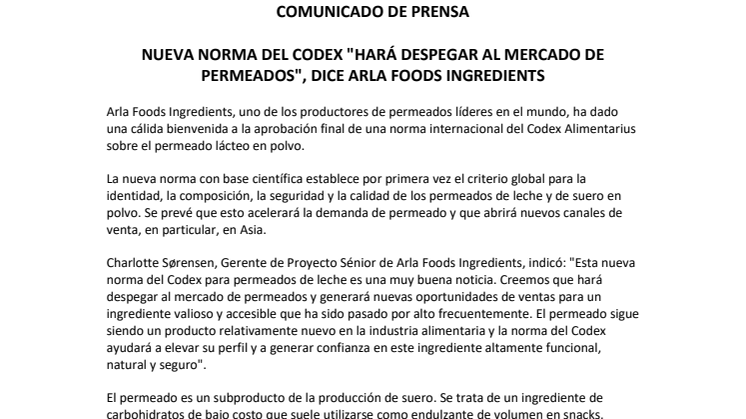 Nueva norma del codex "hará despegar al mercado de permeados", dice Arla Foods Ingredients