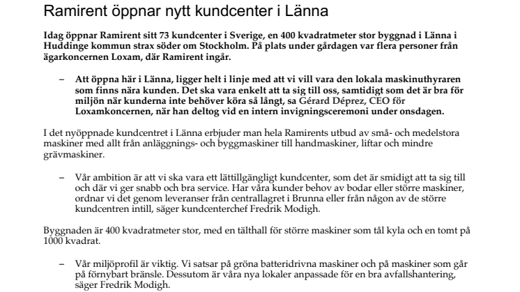 Ramirent öppnar nytt kundcenter i Länna