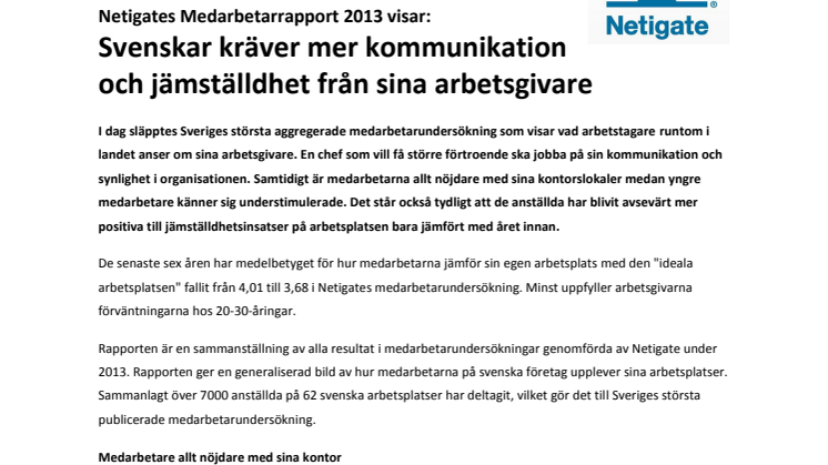 Netigates Medarbetarrapport 2013 visar: Svenskar kräver mer kommunikation och jämställdhet från sina arbetsgivare