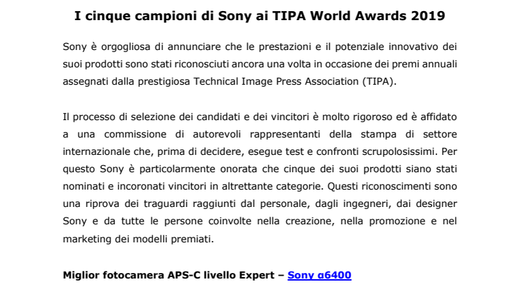 I cinque campioni di Sony ai TIPA World Awards 2019
