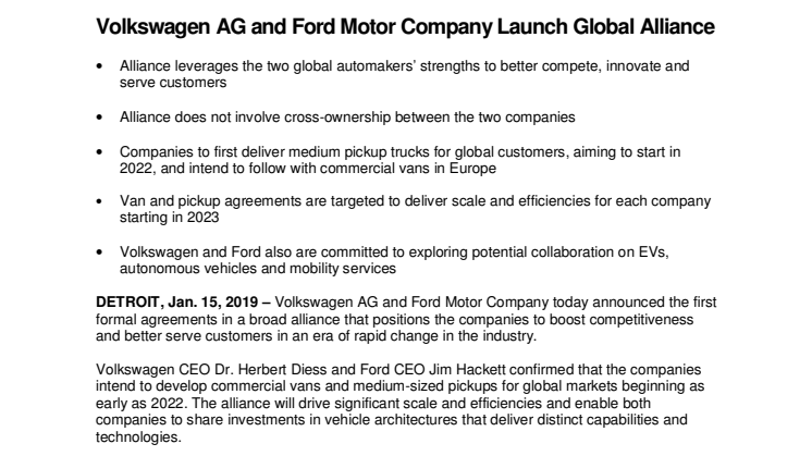 Volkswagen AG and Ford Motor Company Launch Global Alliance
