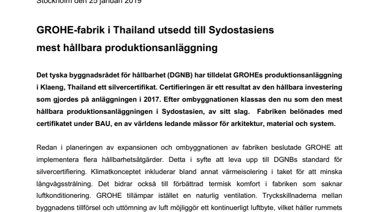 GROHE-fabrik i Thailand utsedd till Sydostasiens  mest hållbara produktionsanläggning 