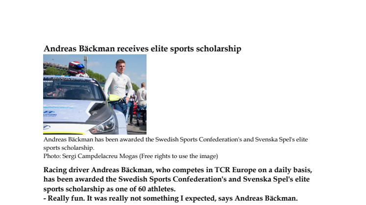 Andreas Bäckman receives elite sports scholarship
