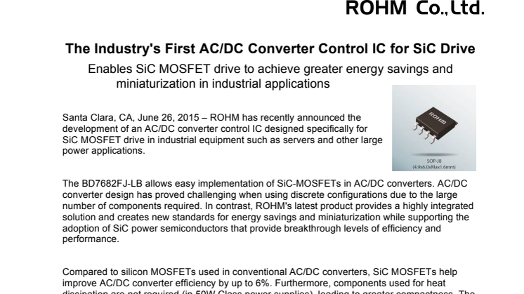The Industry’s First AC/DC Converter Control IC for SiC Drive -- Enables SiC MOSFET drive to achieve greater energy savings and miniaturization in industrial applications