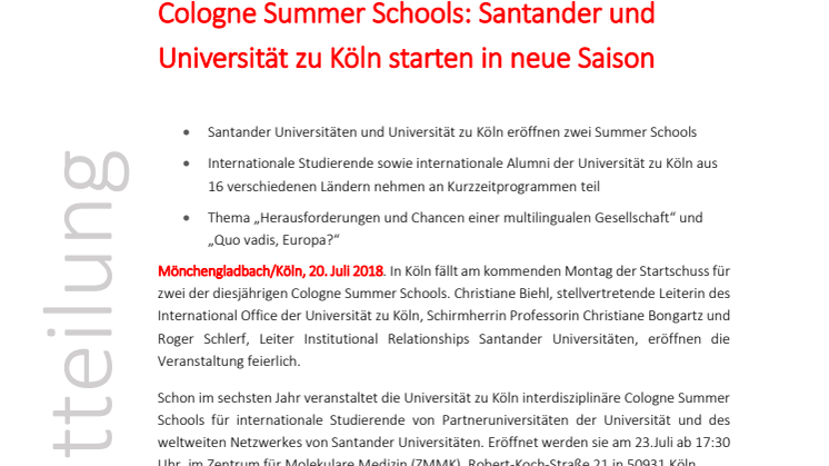 Cologne Summer Schools: Santander und Universität zu Köln starten in neue Saison