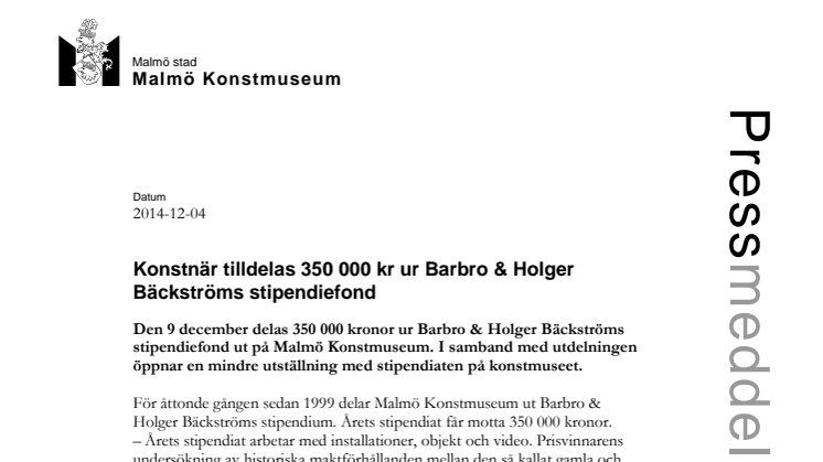 ​Konstnär tilldelas 350 000 ur Barbro & Holger Bäckströms stipendiefond