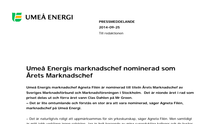 Umeå Energis marknadschef nominerad som Årets Marknadschef