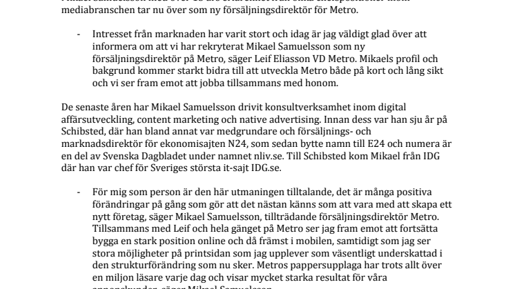 Metro rekryterar Mikael Samuelsson som ny försäljningsdirektör