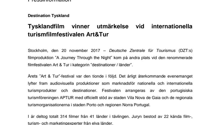 ​Tysklandfilm vinner utmärkelse vid internationella turismfilmfestivalen Art&Tur