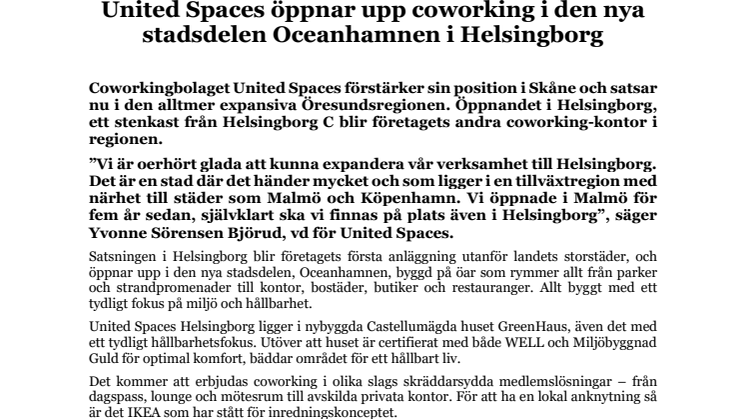 United Spaces öppnar upp coworking i den nya  stadsdelen Oceanhamnen i Helsingborg