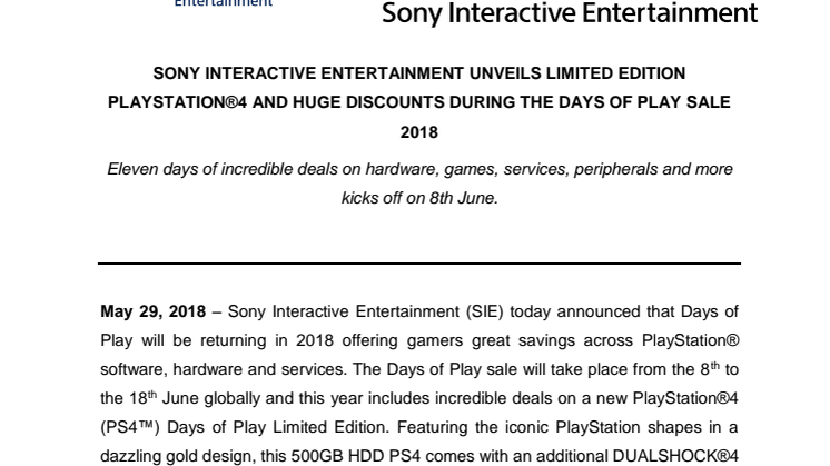 ​Sony Interactive Entertainment presenterar Days of Play 2018 – ger ut limiterad PlayStation®4-konsol och erbjuder enorma rabatter med start 8 juni