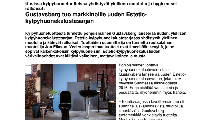 Uutuus 2016 - Gustavsberg tuo markkinoille uuden Estetic-kylpyhuonekalustesarjan