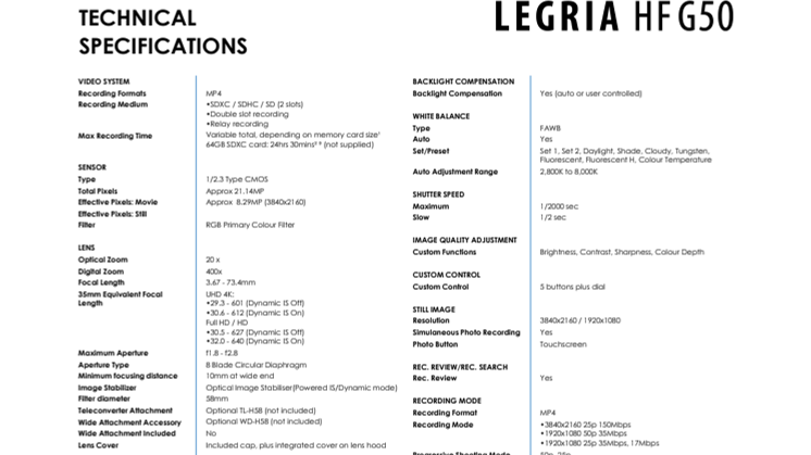 LEGRIA HF G50 Spec Sheet