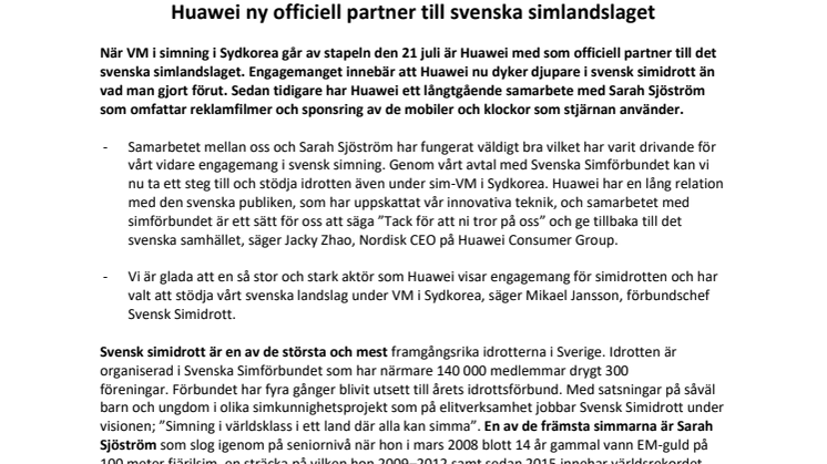 Huawei ny officiell partner till svenska simlandslaget