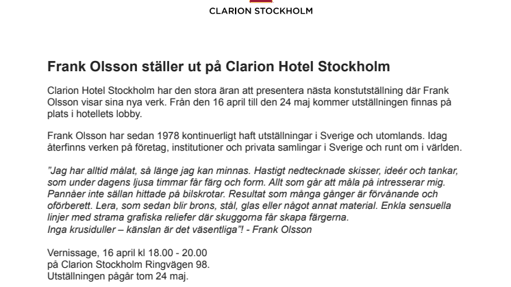 Frank Olsson ställer ut på Clarion Hotel Stockholm