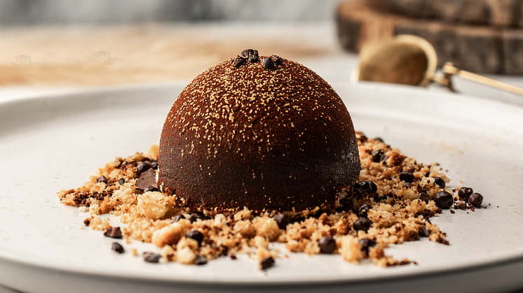 Classic coffee, Mascarpone and chocolate dessert with sponge finger crumble, chocolate pearls and Daintree forest coco powder.