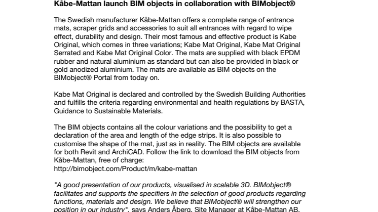 Kåbe-Mattan launch BIM objects in collaboration with BIMobject®