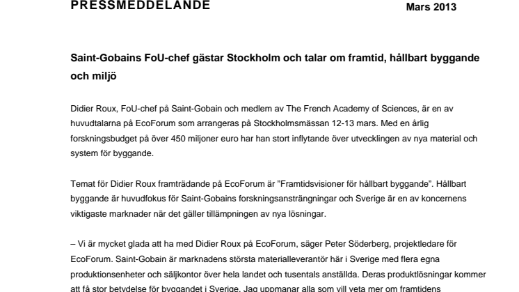 Saint-Gobains FoU-chef gästar Stockholm och talar om framtid, hållbart byggande och miljö