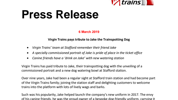 Tribute to Jake the Trainspotting Dog by Virgin Trains