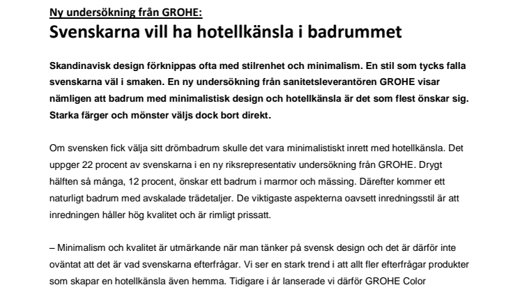 Ny undersökning från GROHE: Svenskarna vill ha hotellkänsla i badrummet