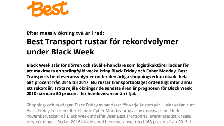 Best Transport rustar för rekordvolymer  under Black Week